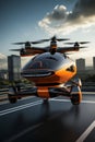 Futuristic orange passenger drone takes off from an airstrip near a modern city. Electric Vertical Take Off and Landing