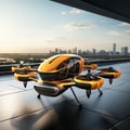 Futuristic orange passenger drone takes off from an airstrip near a modern city. Electric Vertical Take Off and Landing