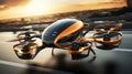 Futuristic orange passenger drone takes off from an airstrip near a modern city. Electric Vertical Take Off and Landing