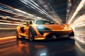 Futuristic orange sports car on the road with motion blur background. Hyper realistic illustration Royalty Free Stock Photo