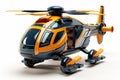 Futuristic orange toy helicopter isolated on a white background. Concept of kids friendly toys, aviation playthings