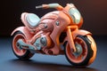 Futuristic orange toy motorbike on dark background. Concept of kids friendly toys, transport-themed playthings, playful