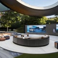 A futuristic outdoor cinema with floating seating pods, a giant curved screen, and a retractable roof4, Generative AI