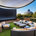A futuristic outdoor cinema with floating seating pods, a giant curved screen, and a retractable roof3, Generative AI