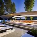 A futuristic outdoor cinema with floating seating pods, a giant curved screen, and a retractable roof5, Generative AI