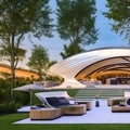 A futuristic outdoor cinema with floating seating pods, a giant curved screen, and a retractable roof1, Generative AI