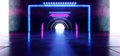 Futuristic Oval Circle Neon Glowing Purple Blue Rectangle Shaped Laser Beam Lights On Concrete Grunge Floor Reflective Tunnel