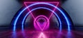 Futuristic Oval Circle Neon Glowing Purple Blue Triangle Shaped Laser Beam Lights On Concrete Grunge Floor Reflective Tunnel