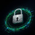 A futuristic padlock is centered against a dark background, surrounded by digital Royalty Free Stock Photo