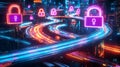 Futuristic Padlock Holograms Glowing Above a Dynamic Colorful Network of Interconnected Highways