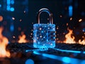 Futuristic padlock surrounded by glowing digital connections symbolizing cybersecurity, data protection, encryption, and network Royalty Free Stock Photo