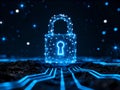 Futuristic padlock surrounded by glowing digital connections symbolizing cybersecurity, data protection, encryption, and network Royalty Free Stock Photo