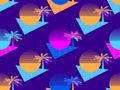 Futuristic palm tree and sun seamless pattern. Synthwave retro background 1980s style. Retrowave. Vector