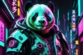 Futuristic panda with cyberpunk neon armor and enhancements