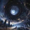 Futuristic panoramic view of the night city from a high point of view.