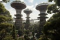 futuristic park, filled with towering trees and futuristic structures