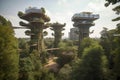 futuristic park, filled with towering trees and futuristic structures