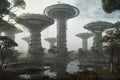 futuristic park, filled with towering trees and futuristic structures