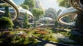 futuristic park with winding walkways and viewing platforms