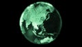 Futuristic particle digital earth spins with bright continents made from pixels