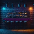 Futuristic Party Night Club Bar With Big Shelfs Behind With Alcohol Bottles Brick Wall With Neon Tube Lights Retro Mood Generative
