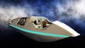 Futuristic passenger bus flying in space. Transport of the future. 3d rendering.