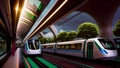 Futuristic passenger trains at the train station surrounded by green trees. AI-generated. Royalty Free Stock Photo