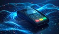 Futuristic Payment Terminal with Digital Network Background Royalty Free Stock Photo