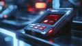 Futuristic payment terminal display high-tech store product showcase neon environment close-up view innovative concept
