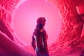futuristic person, traveling through time and space in pink universe Royalty Free Stock Photo