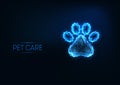 Futuristic pet care, veterinary clinic, grooming service logo concept with low polygonal animal paw