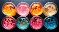 Futuristic Petri dishes with various colonies of bacteria. Microbiology concept. Top view. Generative AI