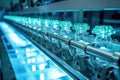 A futuristic pharmaceutical production line illuminated by blue light, featuring neatly arranged medicine bottles Royalty Free Stock Photo