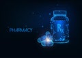 Futuristic Pharmacy concept with glowing low polygonal medicament container and capsule pills. Royalty Free Stock Photo