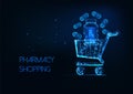 Futuristic pharmacy shopping concept with glowing low poly shopping cart filled with medicine pills