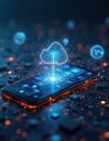 Futuristic phone displays glowing cloud data stream. Digital connections form network on circuit board. Abstract tech interface Royalty Free Stock Photo