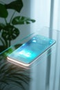 A futuristic phone mockup on a glass table