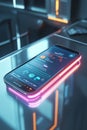 A futuristic phone mockup on a glass table