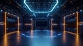 .A futuristic photo of an empty virtual reality studio with VR headsets and sensors