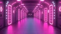 Futuristic pink neon corridor, spaceship interior, glowing doors, background dark Royalty Free Stock Photo