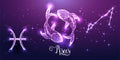 Futuristic Pisces zodiac sign on dark purple background. Glowing low polygonal design vector. Royalty Free Stock Photo
