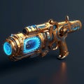 Futuristic Pistol With Gold Ornate Trim And Blue Light Scope Flamethrower