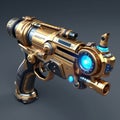 Futuristic Pistol With Gold Ornate Trim And Blue Light Scope Grenade