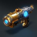 Futuristic Pistol With Gold Ornate Trim And Blue Light Scope Grenade