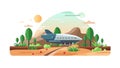 Futuristic Plane Hovering Over a Lush Green Landscape, vector design Generative AI Royalty Free Stock Photo