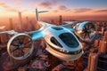 Futuristic plane with modern city on background, AI generative