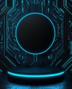 A futuristic platform is set against a circuit backdrop and accompanied by a tech display