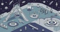 Futuristic playground set in a space-themed environment. Features include a rocket- Royalty Free Stock Photo