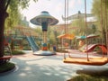 Futuristic playground with vintageinspired swings and seesaws