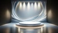 Futuristic Podium with Circular Light Design. Empty scene with curtains